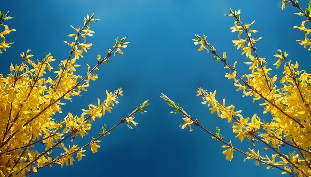 yellow spring leaves of forsythia or yellow bells flowers on branches on blue background