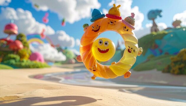 Happy circular jelly candy character with a smiley face in a sunny fantasy landscape character whimsical colorful creative