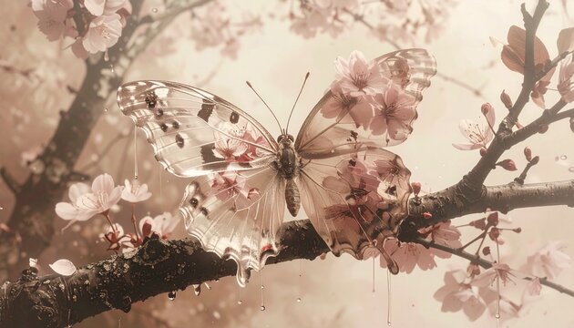 A double exposure image of a butterfly combined with cherry blossoms on a branch in a soft sepia tone butterfly exposure