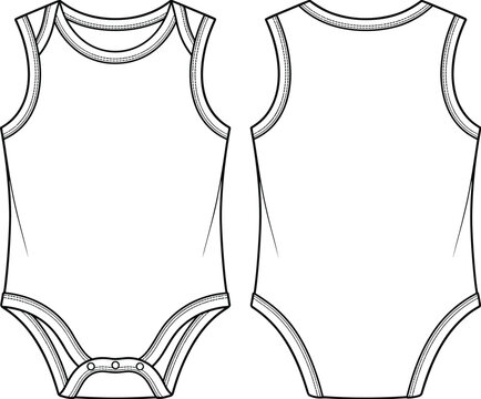 Professional technical CAD baby bodysuit flat sketch with front and back views for infant apparel design and tech pack