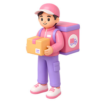 3D delivery courier character icon holding a box, cute mailman or courier boy illustration in pastel uniform