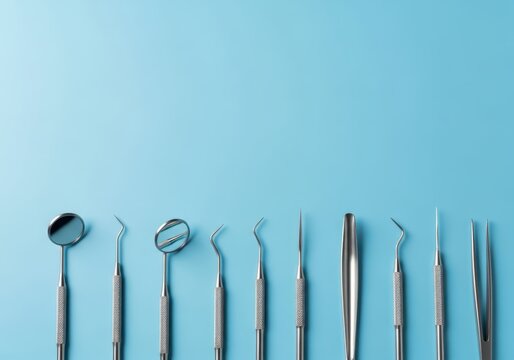 Professional Dental Instruments and Tools Arranged on a Clean Blue Background with Copy Space for Oral Health Concepts