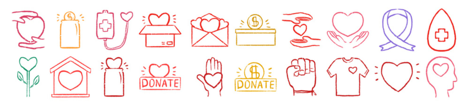 Charity icons doodle hand drawn, donation volunteering care help support philanthropy nonprofit sketch ink, heart hands money box blood ribbon shelter signs