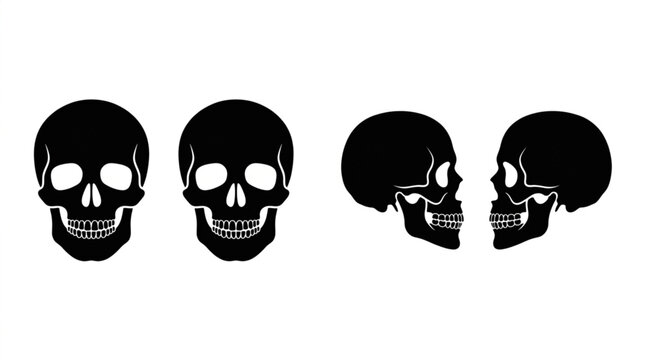 Silhouetted human skulls are presented from front and side profiles against a stark white background, conveying a stark and illustrative aesthetic
