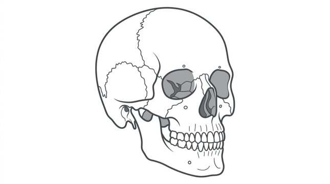 Detailed illustration of a human skull viewed from the side, showcasing anatomical features and bone structure against a stark white background
