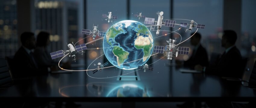 Satellite Technology and Global Connectivity Concept with Digital Earth Model Surrounded by Satellites in a Modern Business Meeting Room Setting