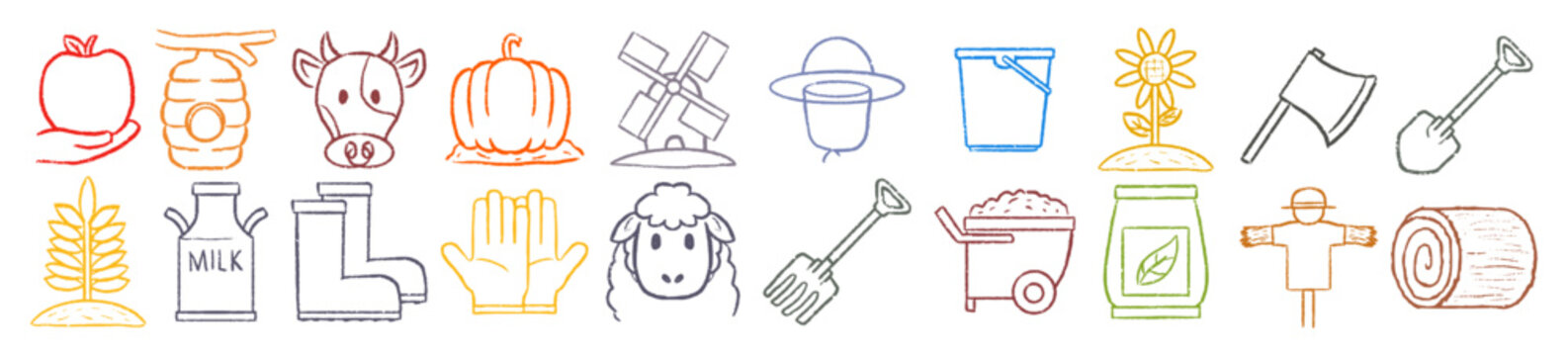 Farming elements doodle hand drawn, agriculture icons countryside sketch rustic ink graphics harvest signs rural equipment, cow sheep windmill pumpkin tools hay