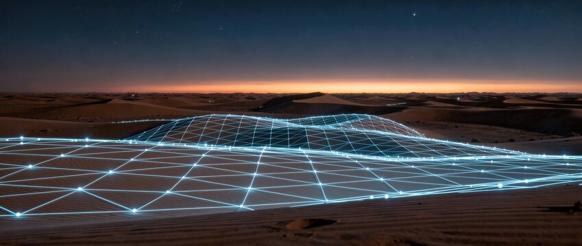 Futuristic Digital Landscape with Grid Overlay on Desert Dunes During Twilight, Merging Technology and Nature in a Stunning Visual Display