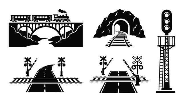 Railroad Scene With Train Bridge And Signal Black Vector Illustration