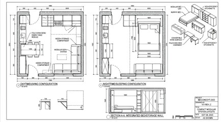 Fototapeta premium Architectural floor plans and furniture layout designs for a compact studio apartment