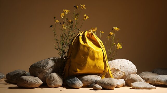 A yellow bag with a soft texture, surrounded by smooth stones