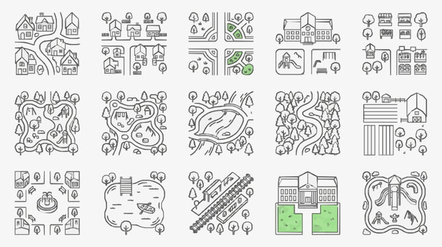 Minimalist Black and White Line Drawing Illustrations of Various Urban and Suburban Planning Concepts