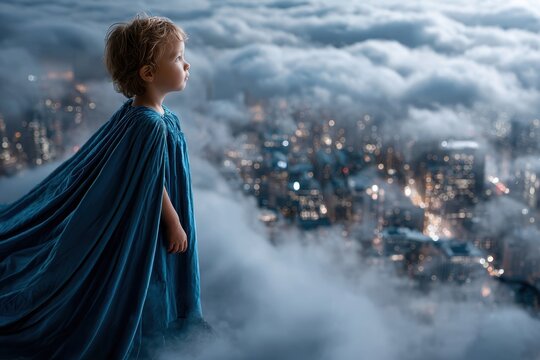 Child in a blue cape gazes over a city skyline shrouded in clouds at dusk