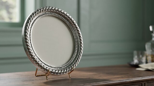 Empty silver round picture frame on a dark wooden table