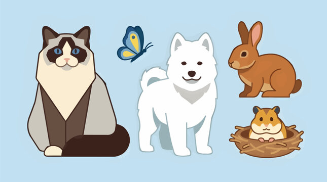 Cute Flat Vector Illustration of a Regal Ragdoll Cat, Fluffy White Samoyed Puppy, Brown Rabbit, and Hamster in Nest, with a Blue Butterfly, on a Light Blue Background, Simple Graphic Design