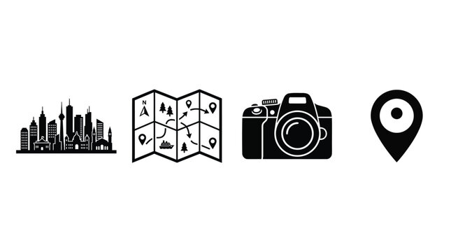 Travel Icons Set City Skyline Map Camera And Location Pin