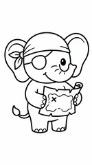 Fototapeta premium Cute Baby Elephant Cartoon Dressed as Pirate Holding Treasure Map, Wearing Eye Patch and Bandana, Black and White Line Art Illustration for Coloring