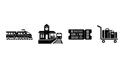 Fototapeta premium Train Station Ticket And Luggage Trolley Silhouettes On White Background