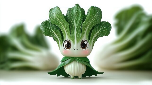 adorable anthropomorphic bok choy figurine with large glossy eyes, rosy cheeks and leafy cape standing on a bright surface with blurred fresh bok choy behind, cheerful and playful