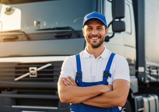 Confident Smiling Male Truck Driver in Blue Uniform Standing with Arms Crossed in Front of a Large Semi-Truck
