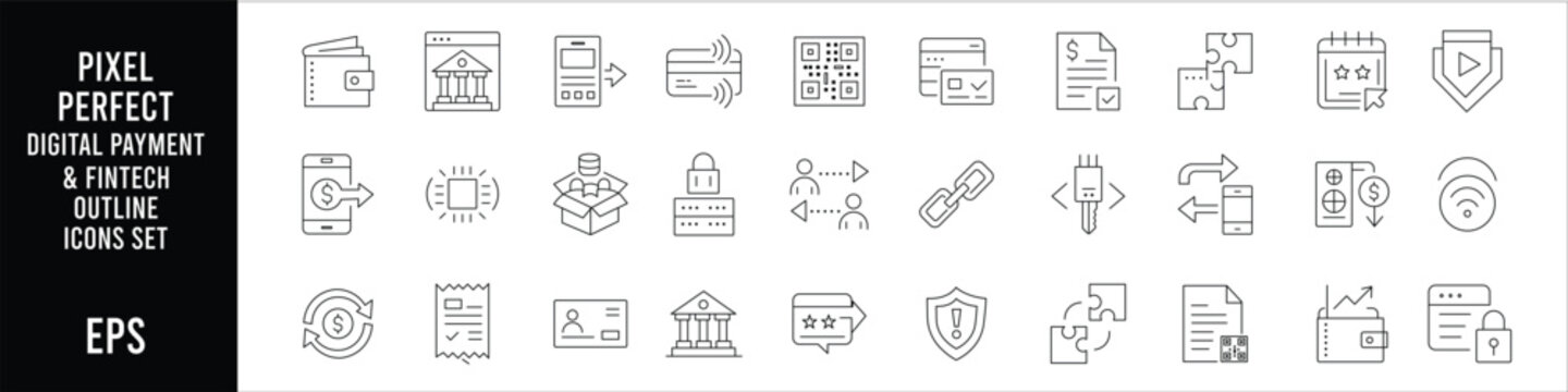 Minimal black and white digital payment fintech outline icon set editable stroke pixel perfect monoline vector collection for online banking financial technology interface design