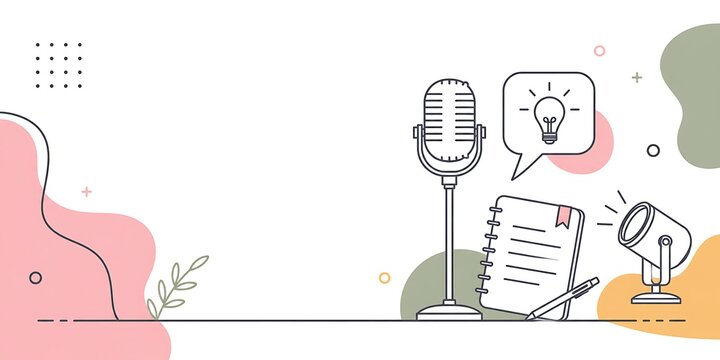 Creative Broadcast Setup Vintage Microphone Notebook and Spotlight symbolizing podcasting storytelling and idea generation for content creators and entrepreneurs. back to school school banner educatio