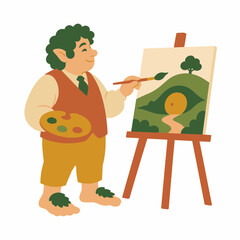 Obraz premium Vector illustration of a fantasy hobbit character with green hair and pointed ears painting a landscape of a hill house on a canvas easel with a wooden palette and paint brush.
