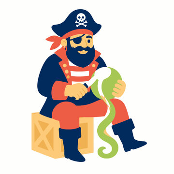 Flat vector illustration of a bearded pirate sitting on a wooden crate peeling a green lime with a knife, wearing a skull and crossbones tricorne hat, eye patch, and blue coat.