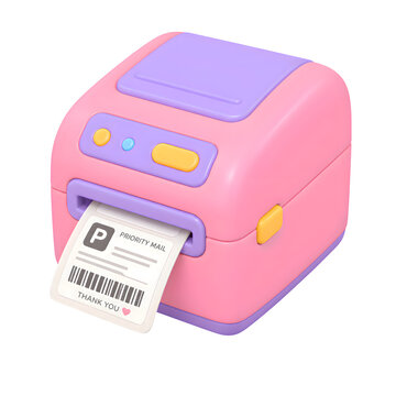 3D printer label icon for shipping and logistics, cute pastel pink mini barcode sticker printer isolated on white background.