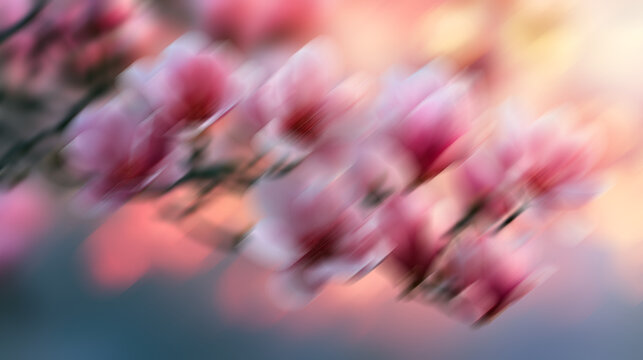 Pink magnolia petals creating an abstract composition with soft lines and a blurred backdrop, symbolizing renewal and delicate purity