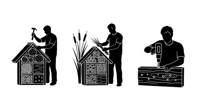 Silhouettes of people building and maintaining bee hives.