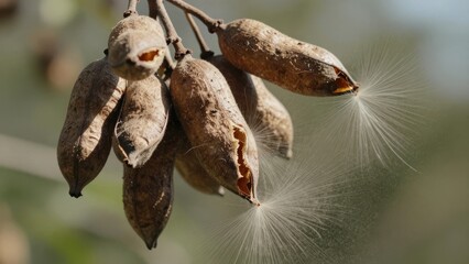 Obraz premium Dried seed pods of a kapok tree bursting open and releasing fluffy white airborne seeds in a natural outdoor setting during a bright sunny day with soft bokeh background