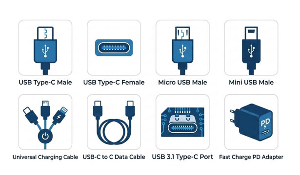 USB cable connector and socket icon set flat vector illustration isolated on white