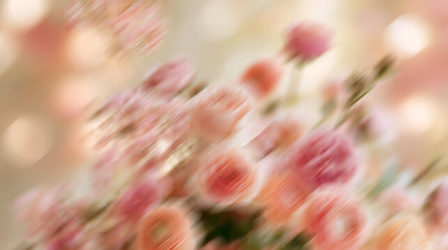 Pink blurry petals and soft light creating a delicate abstract composition, conveying feelings of freshness, tenderness, affection, and celebration