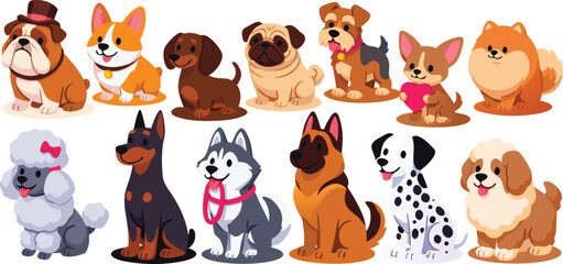 Obraz premium Cute dog breeds. Cartoon puppies and doggy pet. Funny friendly animals characters. Happy corgi, doberman, dalmatian, pug, dachshund