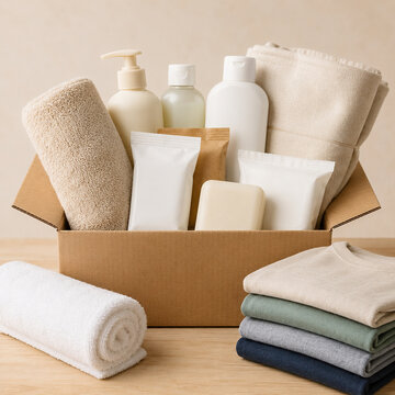 Donation box with hygiene kits towels and plain bottles