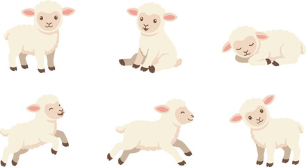 Fototapeta premium Cute lamb cartoon vector illustration collection featuring standing, sitting, running, jumping and sleeping baby sheep farm animal character poses isolated on white background