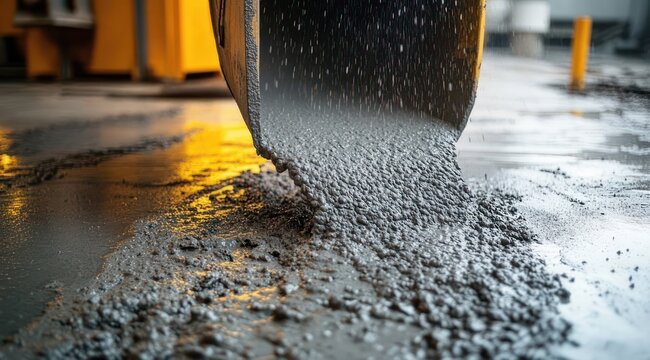 Wet concrete pouring from a mixer chute onto a floor at a construction site, close-up with reflective industrial lighting conveying focused industrial activity