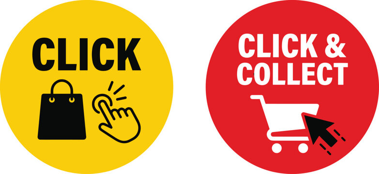 Red circular icon with shopping cart illustration and mouse pointer for click and collect retail services.