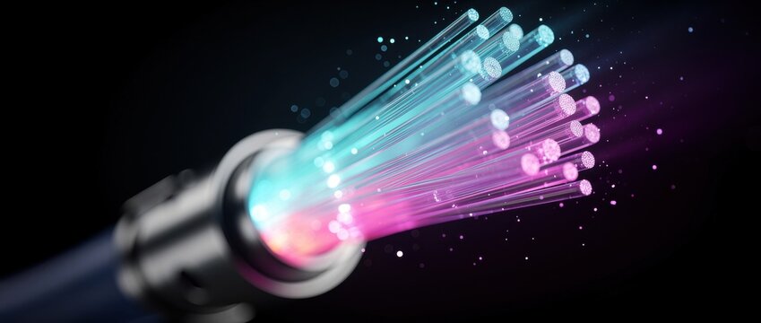 High-speed fiber optic cable emitting colorful light beams in a dark background for technology and communication concepts