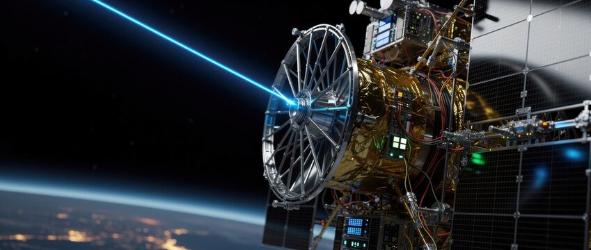 High-Tech Spacecraft with Laser Beam in Orbit Above Earth, Showcasing Advanced Technology and Cosmic Landscape in Stunning Detail