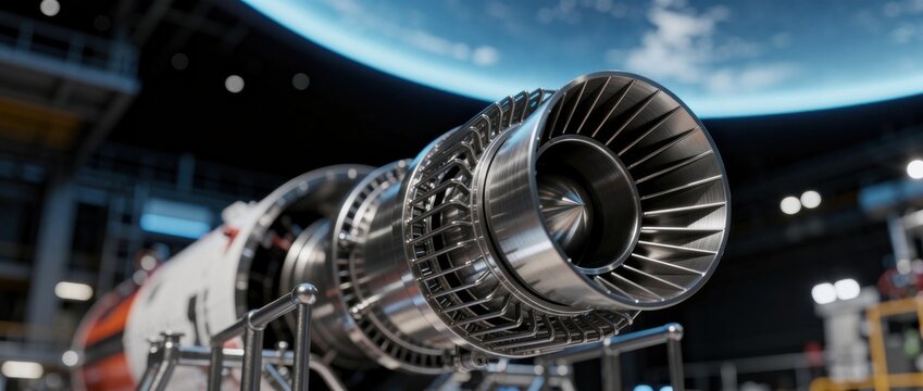 High-Resolution Image of Jet Engine Turbine in Aerospace Factory with Earth in Background