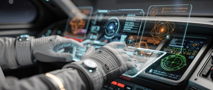 Futuristic Dashboard Control Panel with Holographic Displays and Astronaut in Space Exploration Environment