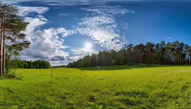 Large Panoramic Hdr Landscape With Meadow Forest And Dramatic Sky At Sunny Day