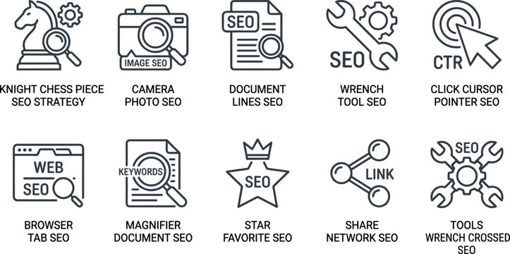 Seo strategy icons set with search engine optimization elements including magnifier chess piece and camera.