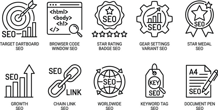 Search engine optimization seo marketing line icon set including analytics charts keywords and link building.