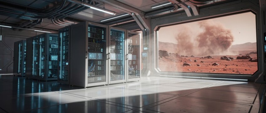 Futuristic Data Center Interior with Computer Servers and Mars Landscape in Background, Technology and Space Exploration Concept