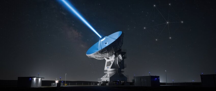 Satellite dish transmitting data with powerful blue laser beam under starry night sky in remote location showcasing technology and communication