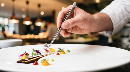 Fototapeta premium Chef Adding Finishing Touches Artistic Dessert