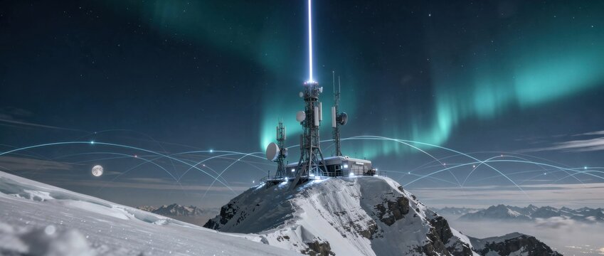 Communication tower illuminating snowy mountain under aurora borealis in night sky with stars and glowing lines representing connectivity and technology.